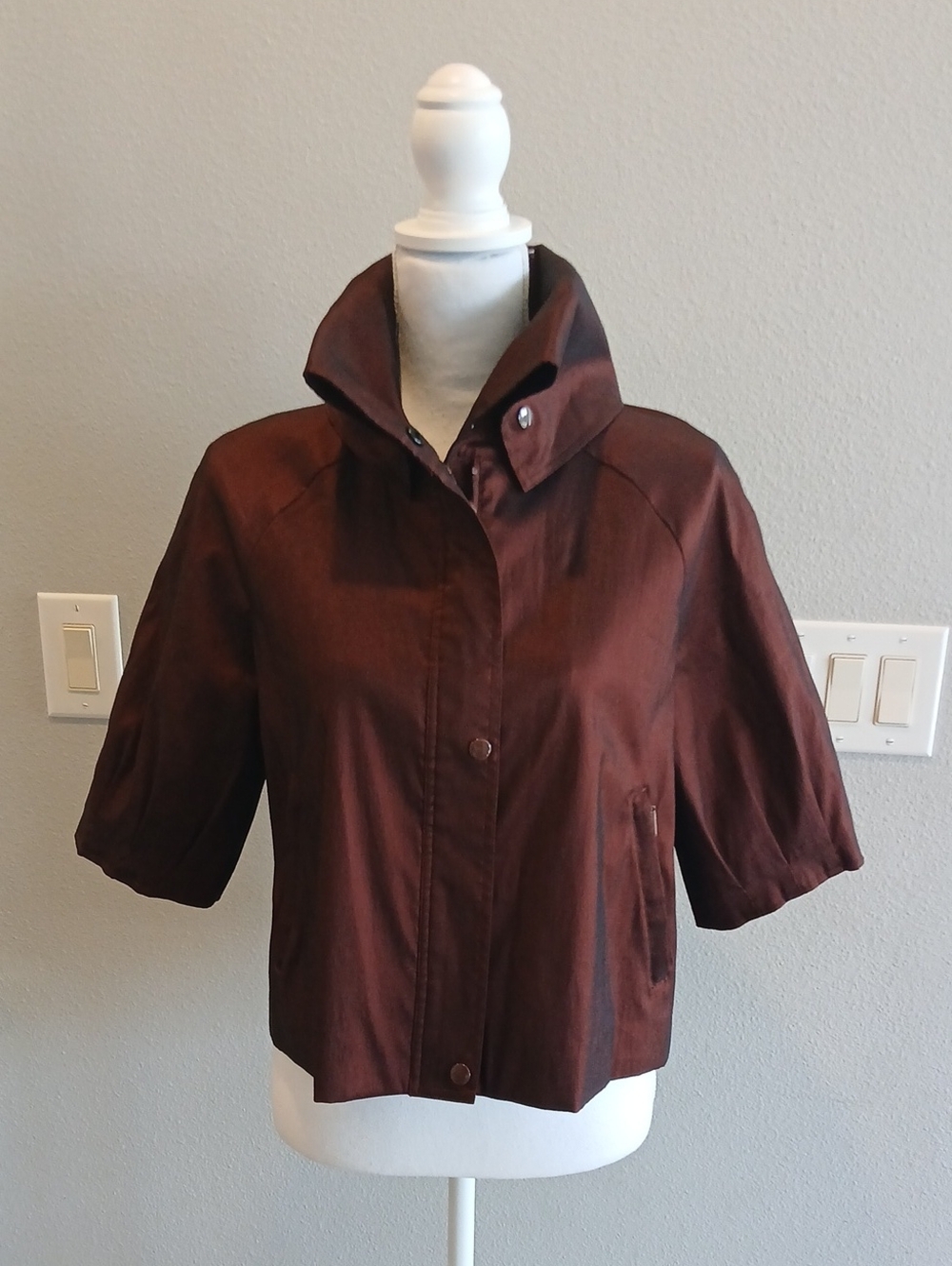 Samuel Dong Short Sleeve Cropped Utility Jacket Brown Shimmery Collared